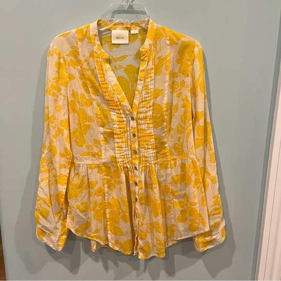 Maeve Anthropologie Tops - Maeve Anthropologie Yellow White Floral Top Blouse Roll-Tab Sleeves Womens’s 10